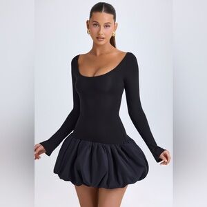 Oh Polly Delphi Scoop-Neck Drop-Waist Bubble Hem Mini Dress in Black